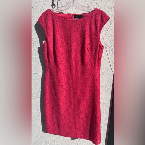NWT Lauren by RL Dress in Calypso Coral Pink, Lace overlay, Size 10, Cap Sleeve - Picture 2 of 10